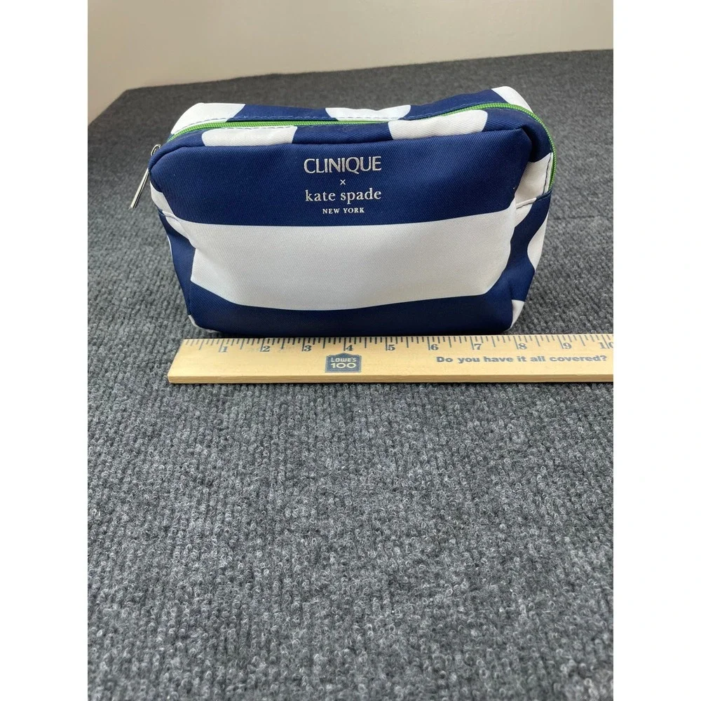 Clinique x Kate Spade New York Navy Blue White Stripe Polka Dot Makeup Bag Pouch